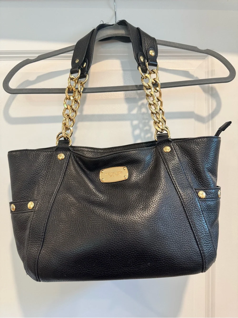 Michael Kors Black Pebbled Leather Tote with Gold Chain Straps
